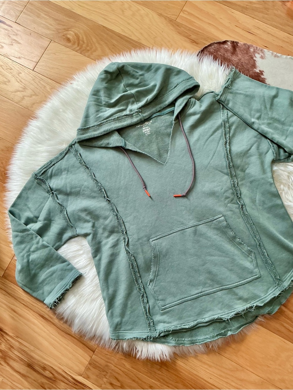 NATURAL LIFE Sage Green Cotton Raw-Edge Weekend Hooded Pullover Size Large/XL